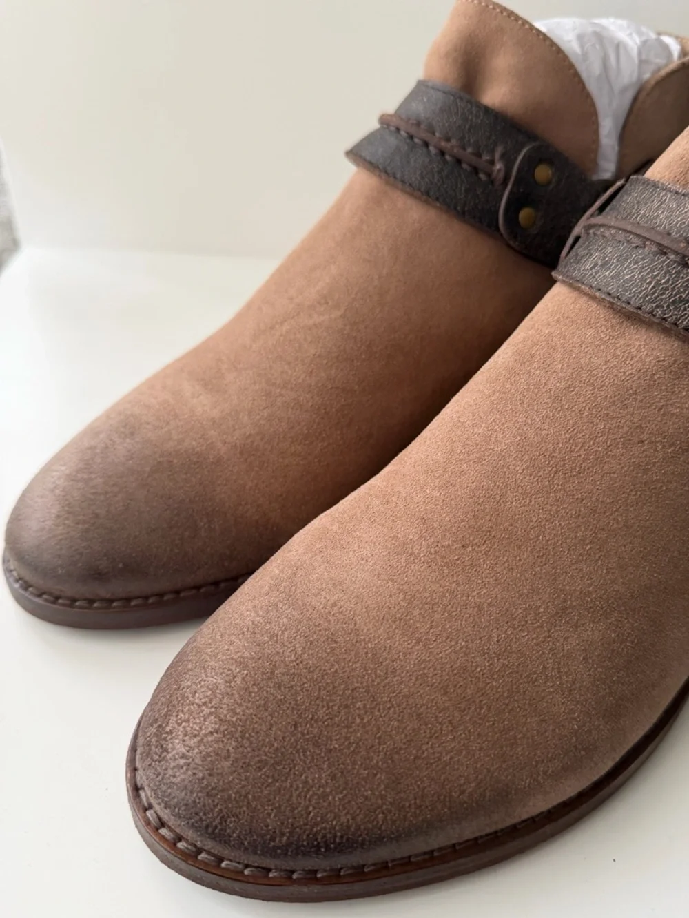 FREE PEOPLE Belle Harness Boots - Size 8 - Fawn Suede Boho Western Ankle Boots